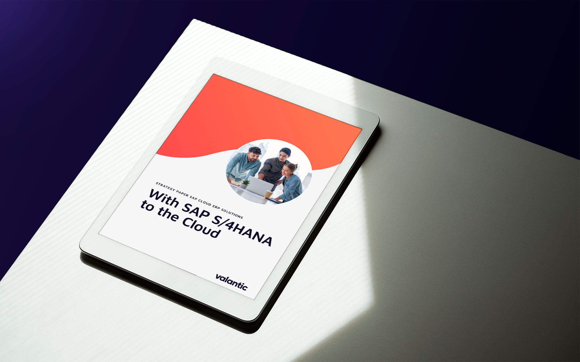 Tablet with cover of the valantic strategy paper about the SAP S/4HANA cloud solutions