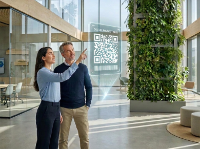 Eine Frau und ein Mann stehen in einem modernen, hellen Büro mit großer begrünter Wand. Die Frau zeigt auf eine digitale Einblendung mit der Aufschrift „Digital Product Pass“, QR-Code und Barcode.