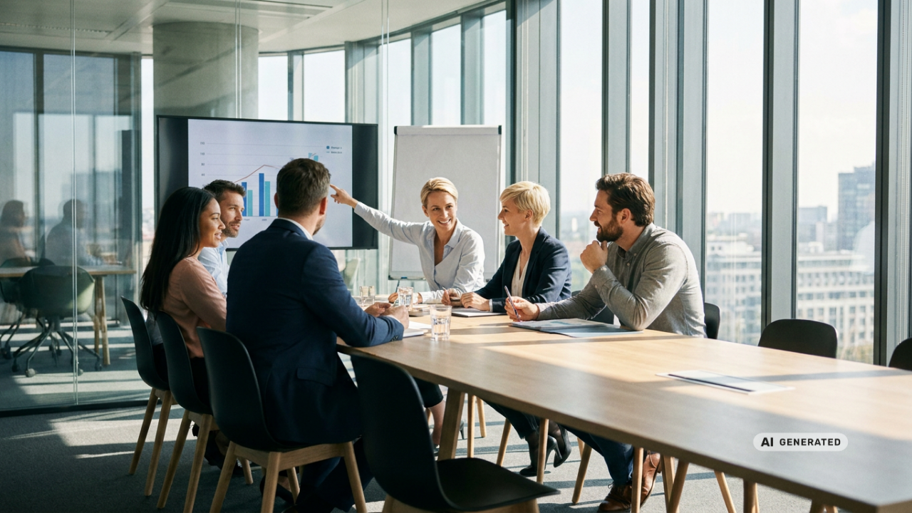 Sechs Personen sitzen in einem modernen Konferenzraum an einem großen Tisch und diskutieren gemeinsam. Eine Frau zeigt auf ein Diagramm auf einem Bildschirm im Hintergrund. Durch die großen Fenster ist eine Stadtansicht zu sehen. Unten rechts befindet sich der Hinweis „AI Generated“