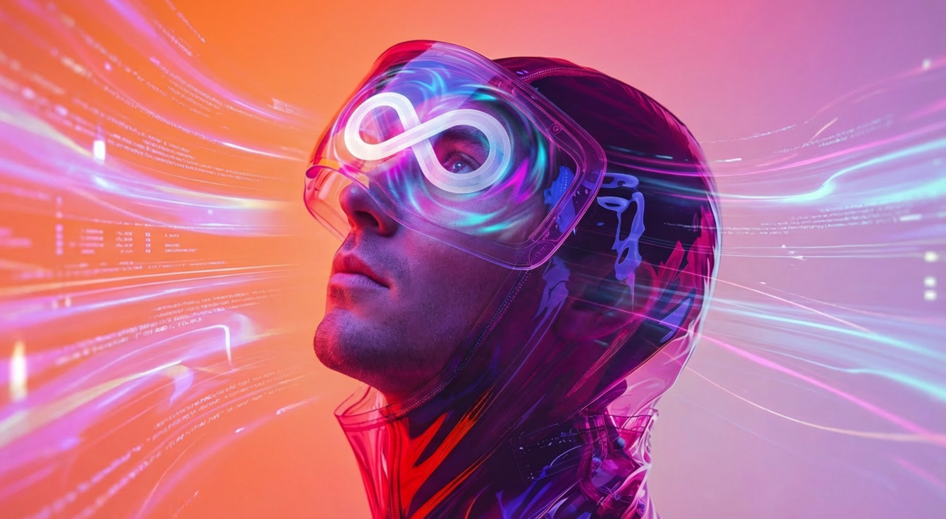 Man wearing futuristic visor with glowing infinity symbol amid digital light streams