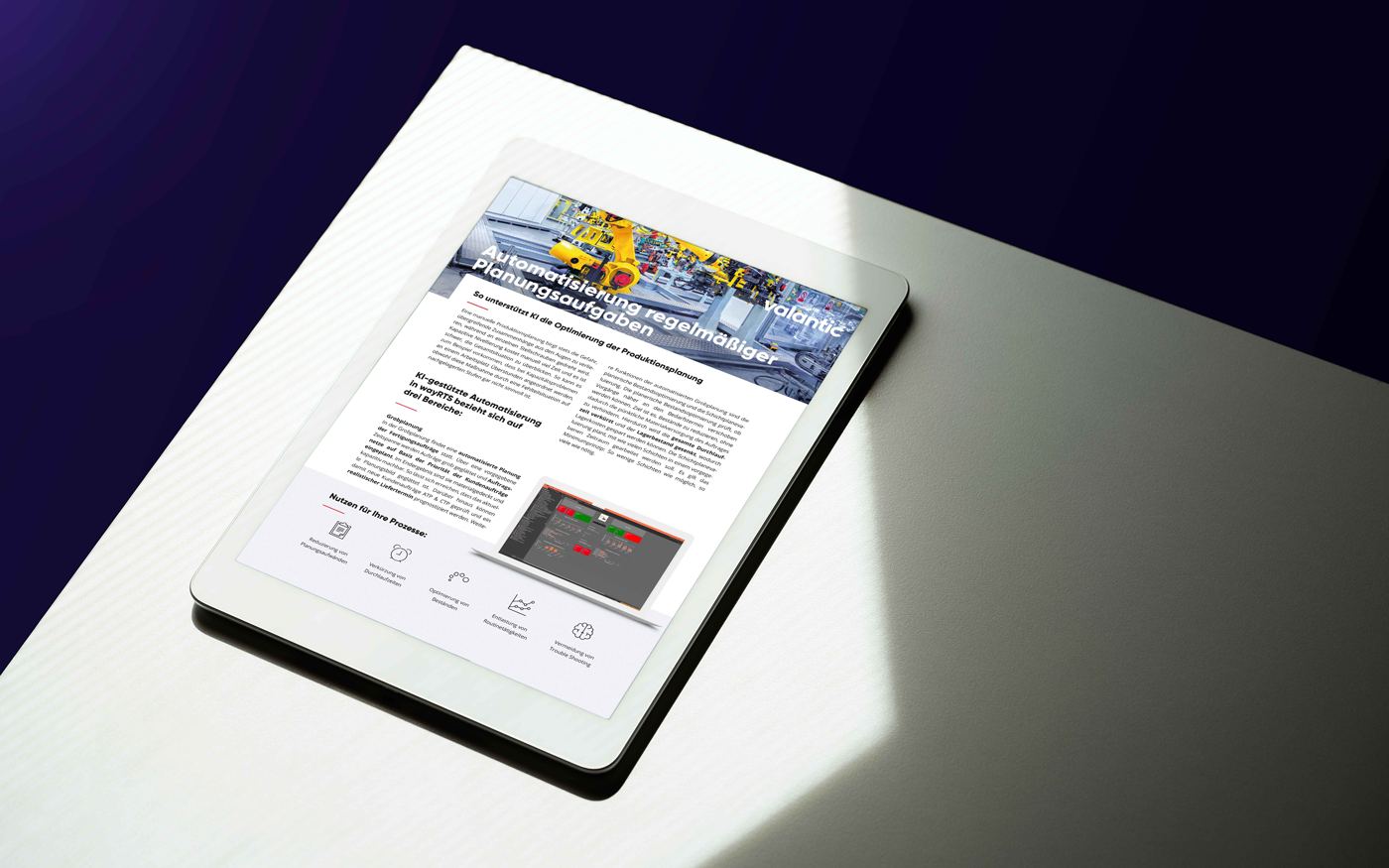 Mockup-Produktblatt-KI der Produktion und Produktionsplanung automatische Optimierung-DE