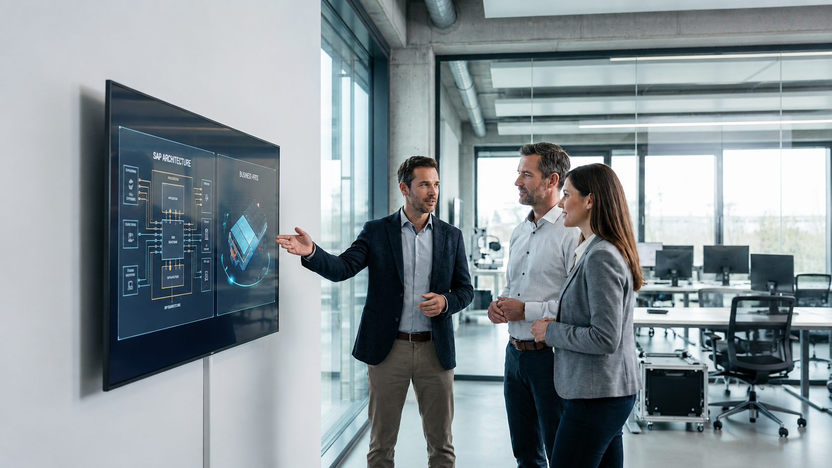 Drei Personen stehen in einem modernen Büro vor einem großen Bildschirm. Ein Mann erklärt eine dargestellte SAP-Architektur und zeigt auf ein Diagramm, während die beiden anderen Personen aufmerksam zuhören. Im Hintergrund sind offene Arbeitsplätze und große Fenster zu sehen.