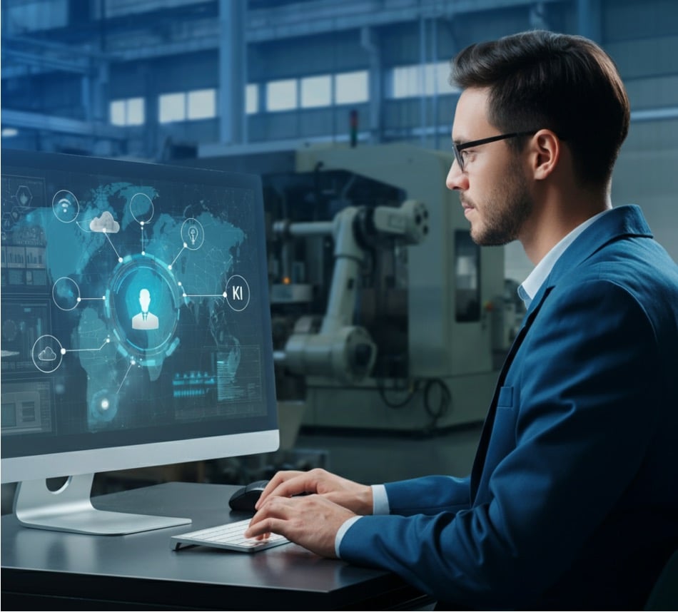 Ein Mann sitzt an einem Computer und betrachtet eine Darstellung zur Kundenzentrierung auf dem Bildschirm. Im Hintergrund stehen industrielle Maschinen.