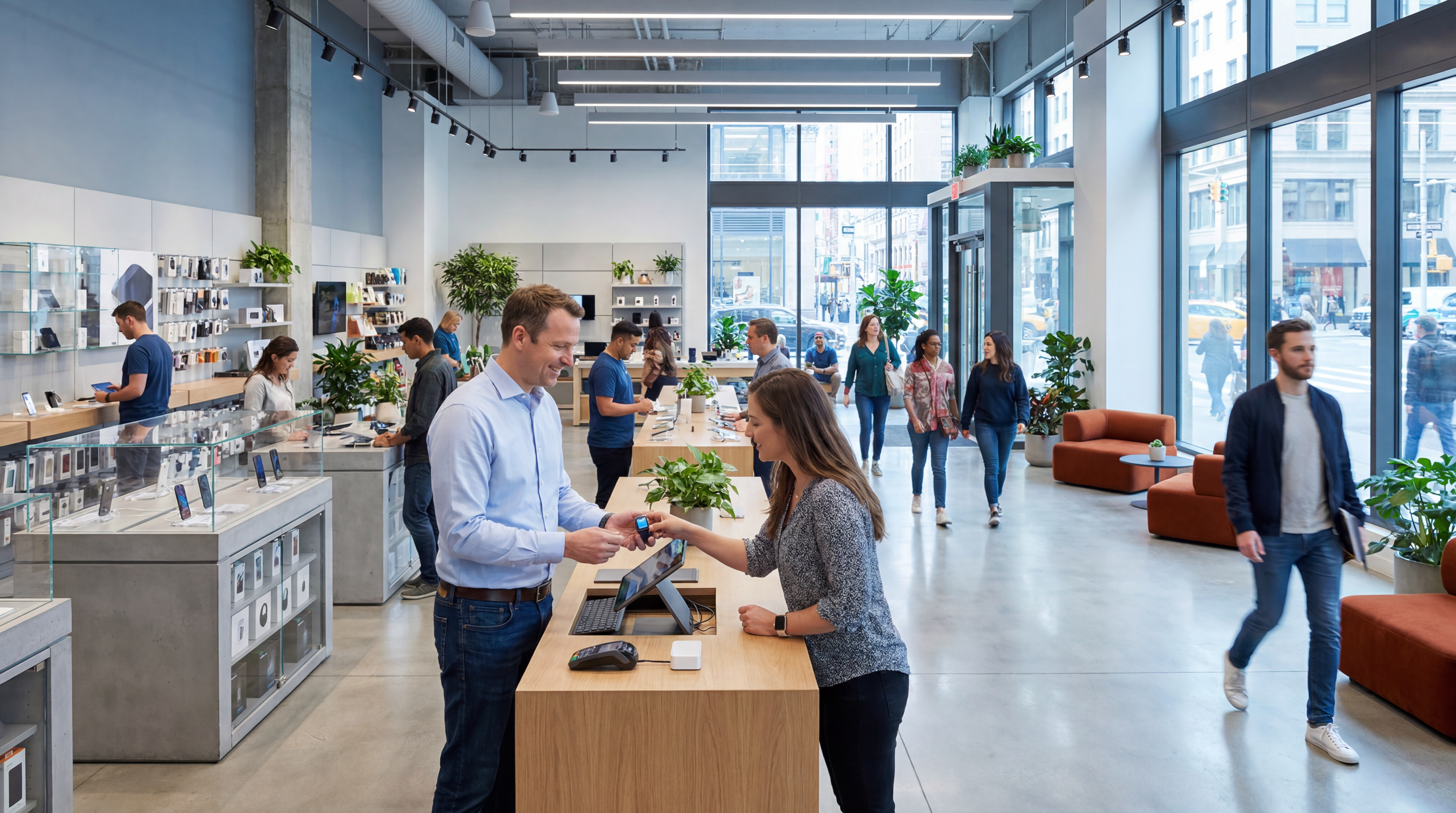 Helles, modernes Technikgeschäft mit Verkäuferin, die einen Kunden am Holztresen berät; weitere Kunden stöbern im Hintergrund an Produktdisplays.