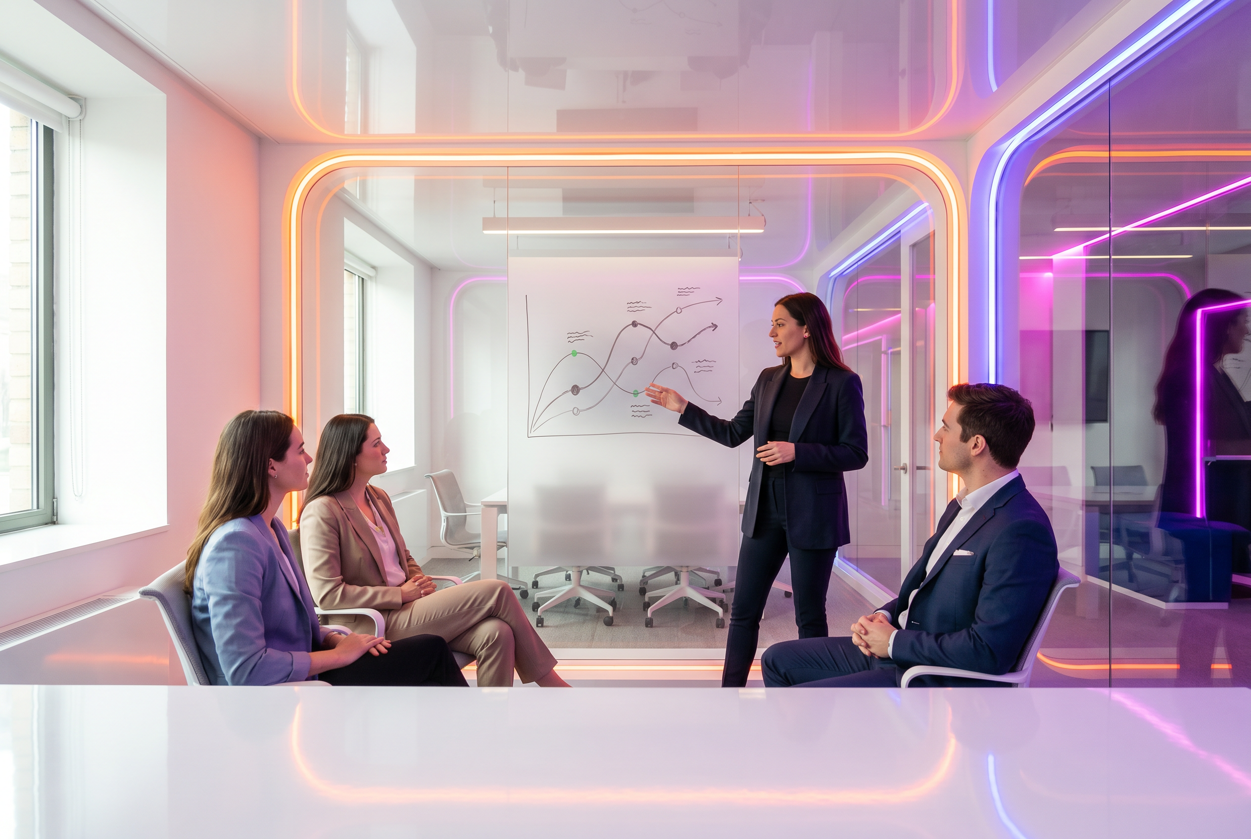Business people sitting in a futuristic meeting room where a business woman presents data graphs on a whiteboard