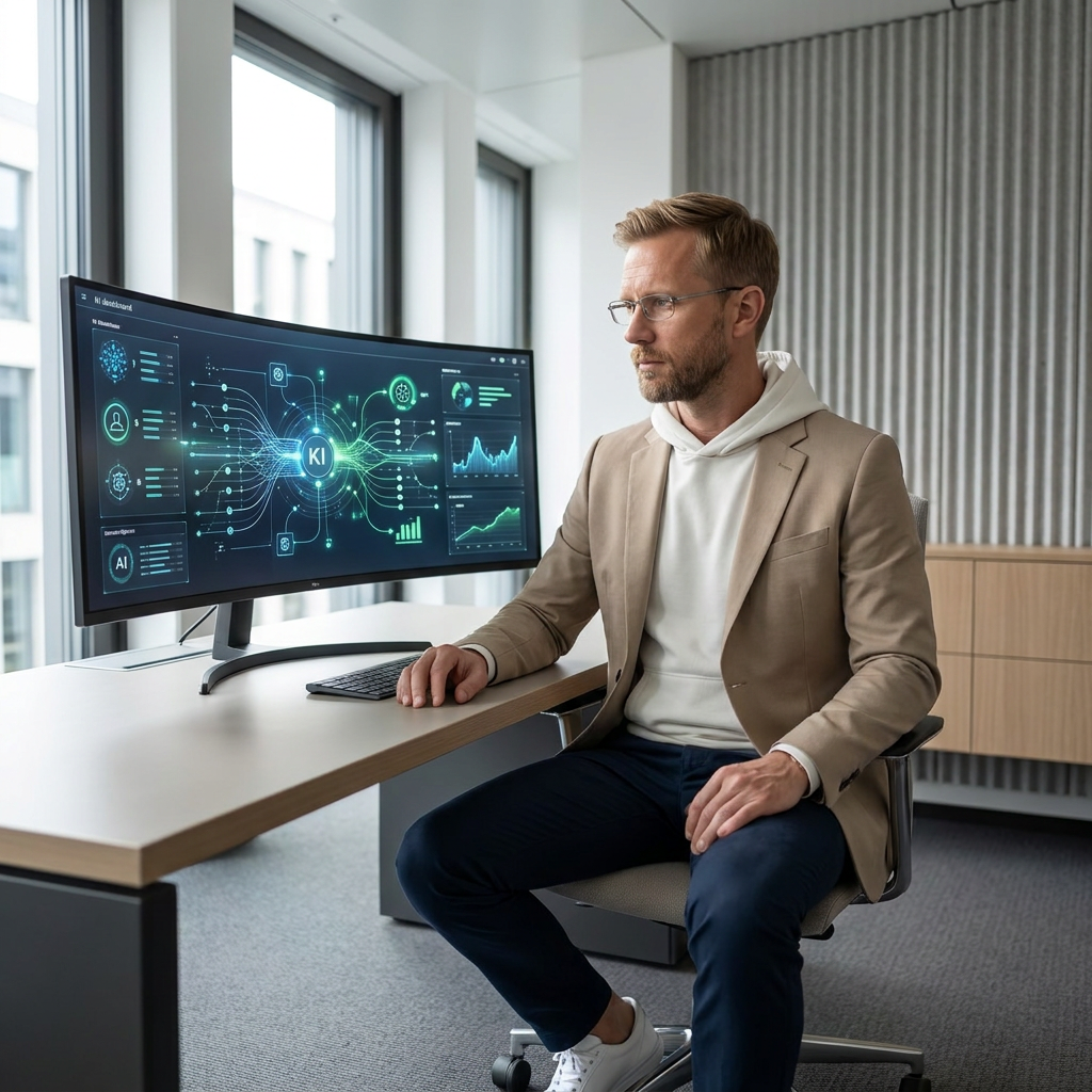 Mann im Sakko arbeitet im hellen Büro vor einem Breitbildmonitor, der ein KI-Dashboard mit vernetzten Datenpunkten und Grafiken zeigt.
