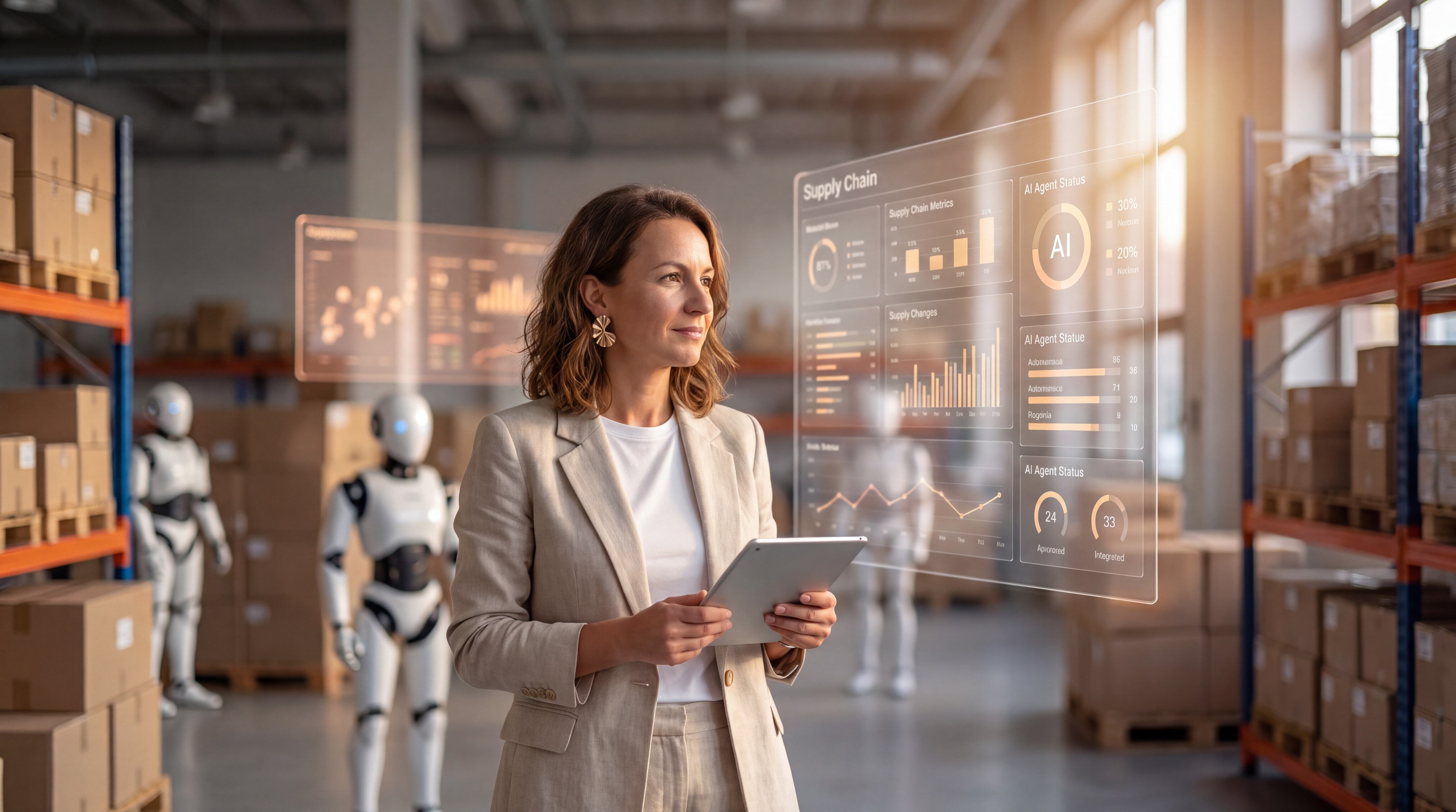 Frau mit Tablet in Lagerhalle blickt auf schwebende digitale Dashboards mit Lieferkettendaten. Im Hintergrund stehen humanoide Roboter.