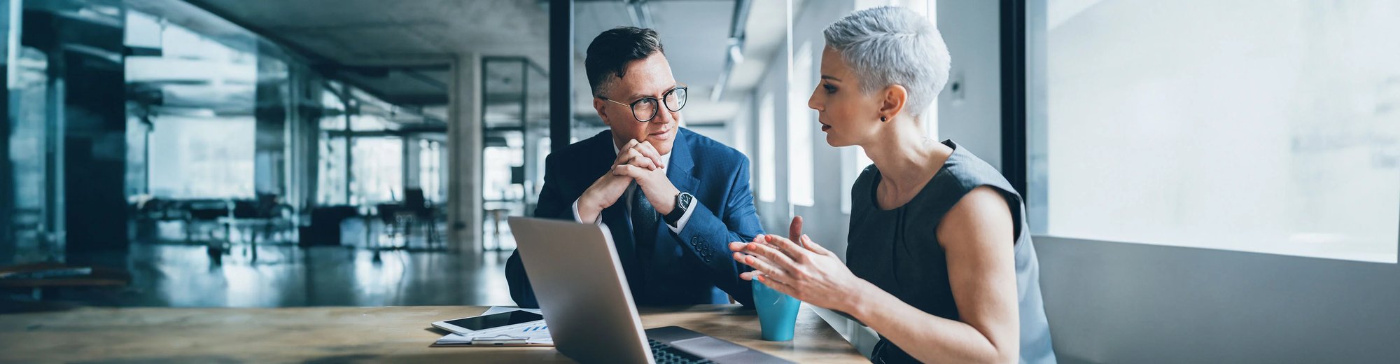 The header visual shows a business man and woman in a consultation meeting.