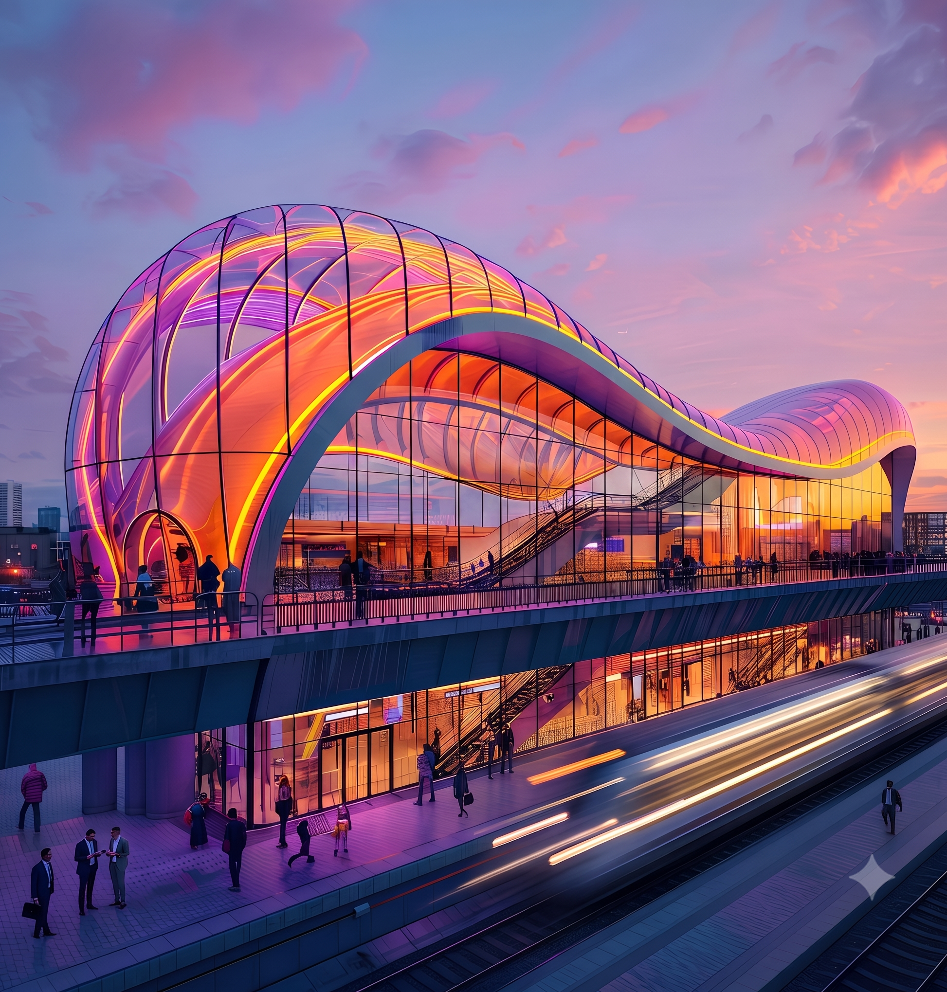 Futuristic curved orange and purple glass building